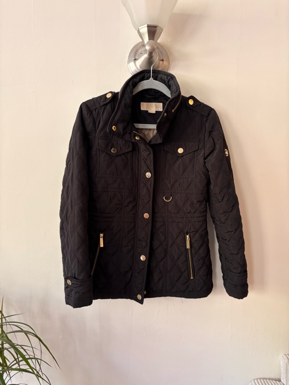 MICHAEL Michael Kors Black Quilted Utility Jacket with Gold Hardware